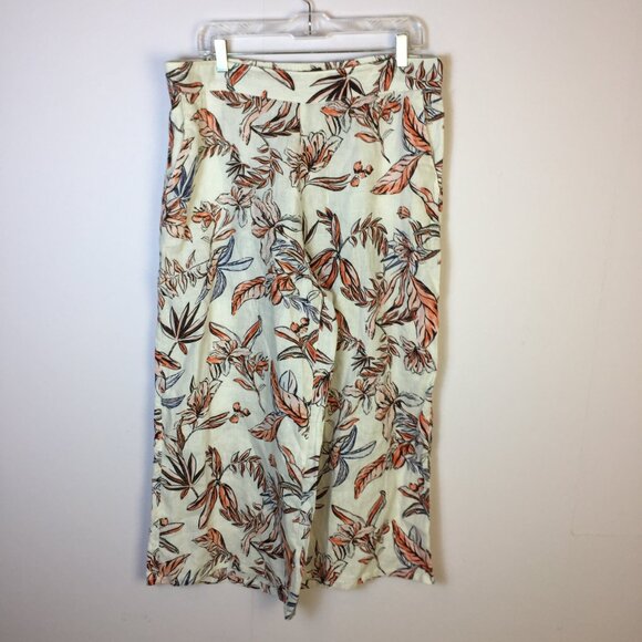 Tahari Crop Pants XL Women White Orange Floral 100% Linen Wide Leg Pull-on Beach - Picture 1 of 15